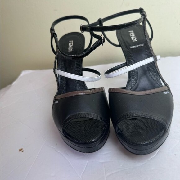 Fendi NEW Leather Logo Open Toe Strappy Platform Stiletto Heels Shoes Sandals 7 - Picture 13 of 16